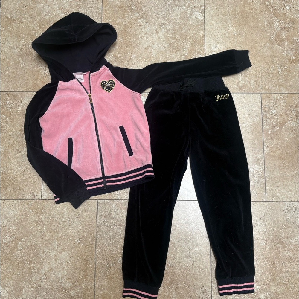 Girls size 6 Juicy Couture Pink and Black Velour Tracksuit